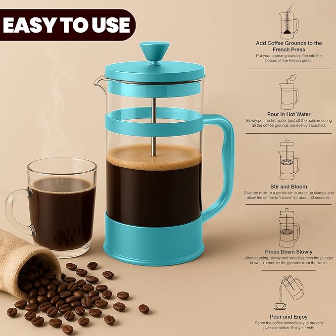 Utopia Kitchen French Press Espresso and Tea Maker with Triple Filters, Stainless Steel Plunger and Heat Resistant Borosilicate Glass (Aqua, 34-oz (Pack of 1))