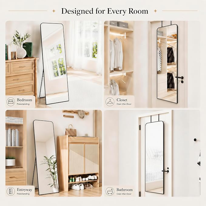 SCWF-GZ 57x20 Full Length Mirror Over The Door Hanging, Floor Stand/Wall Mounted Aluminum Alloy Frame Dressing Mirror for Bedroom Living Room 57 inch Black