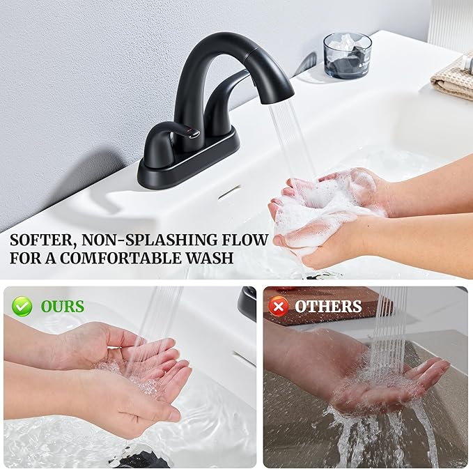 Ultimate Unicorn Pull Down Bathroom Sink Faucet - Anti-Splash Matte Black 4 Inch Centerset Vanity Faucets 3 Hole with Pop Up Drain, Two Handle Modern Washbasin Tap Set with Sprayer for Rv Restroom