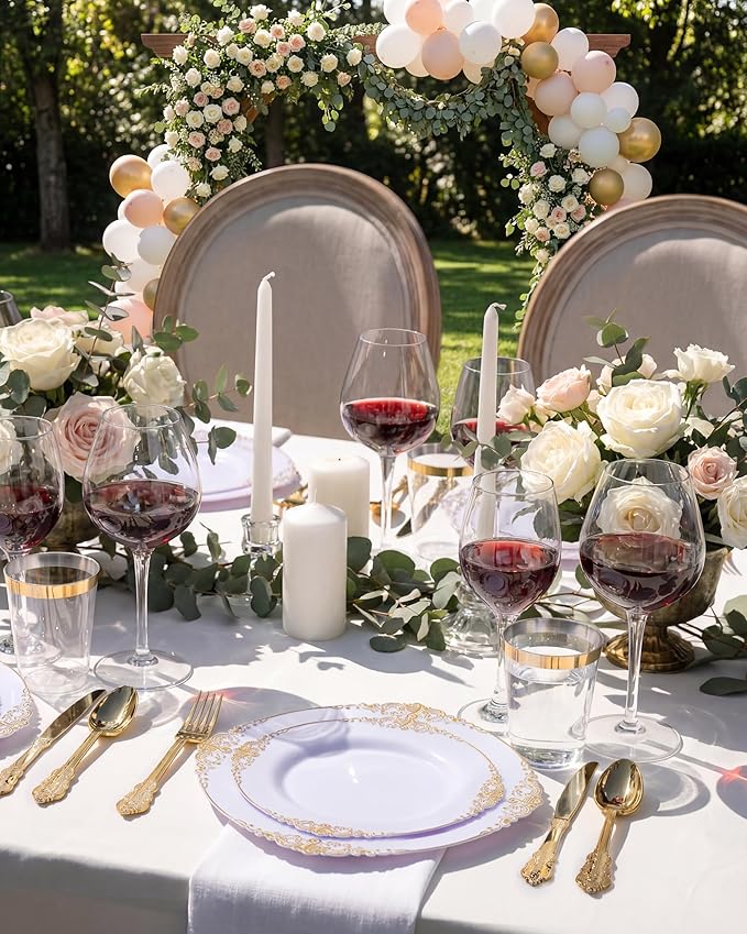Nervure 350PCS Gold Plastic Plates - Gold Plastic Dinnerware Sets for 50 Guests - 100 Disposable Plates, 150 Silverware, 50 Cups, 50 Napkins for Wedding & Party & Mothers Day