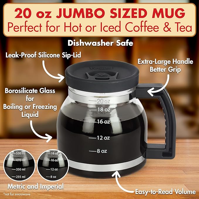 Cupa Joe Coffee Mug – 20oz Borosilicate Glass Diner Pot Mug with Spill-Proof Lid – Funny Novelty Gift for Coffee Lovers, Dads, Office, Travel & More