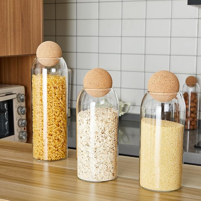 Suclain 6 Pcs Glass Jars with Cork Ball Lid Farmhouse Kitchen Canisters Coffee Bar Countertop Container Rustic Storage Jars for Bean Nut Sugar Coffee Tea Organizer Housewarming Gift (34 oz)
