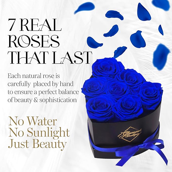 GLAMOUR BOUTIQUE 7 Flower Forever Heart Shape Box, for Mom, Eternal Preserved Roses Gift for Her, Him, Lasting Flowers Bouquet, for Birthday, Anniversary, Blue (Color-Treated)