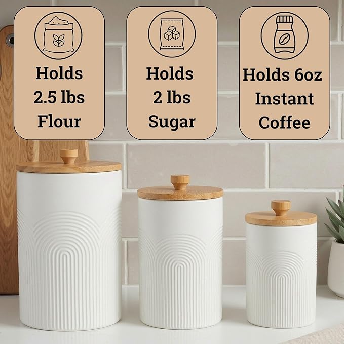 Ceramic Kitchen Canisters for Countertop Set of 3 with Airtight Bamboo Lids - White Kitchen Canisters with Airtight Lids - Flour Sugar Canister Set - Flour and Sugar Containers Farmhouse - Coffee Jar