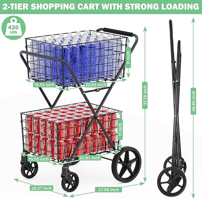 [𝐍𝐄𝐖] 2-Tier Extra Large Collapsible Grocery Cart On Wheels, 400lbs Shopping Cart for Groceries with 2 Removable Baskets, Waterproof Liner, Heavy Duty Foldable Shopping Utility Cart for Seniors