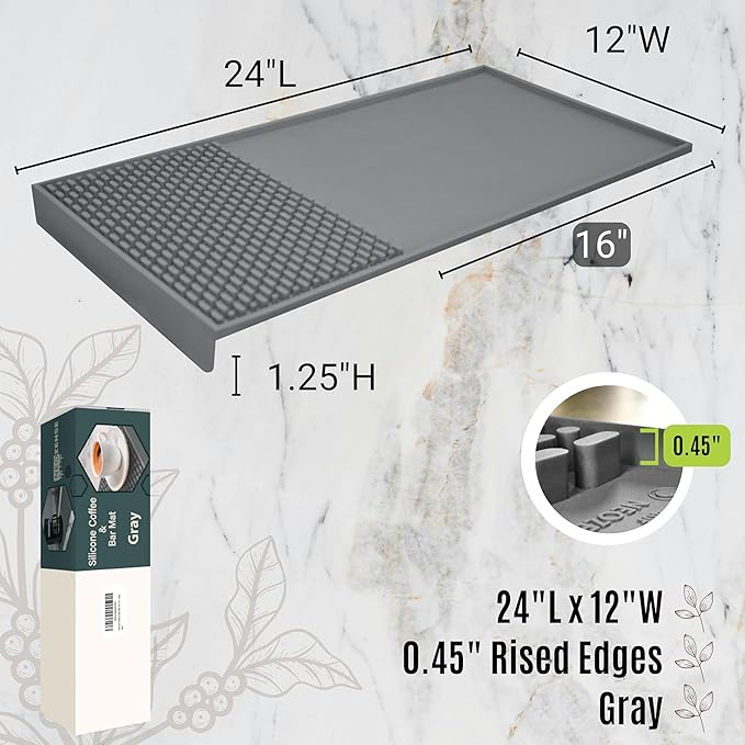 Coffee & Bar Mat For Countertop With "Edge Protection" – Espresso Machine & Coffee Maker Mat – Silicone Heat Resistant Mat – Non-Slip & BPA-Free Food Grade Mat – 12"(Front) x 24"(Length), Gray