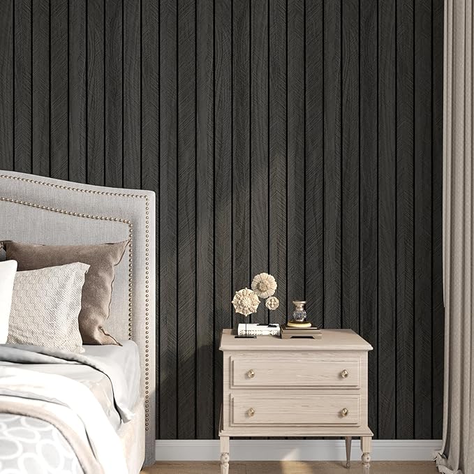 Wood Slat Wall Panel Grey Black 3D Wood Panels for Wall Decor Removable Shiplap Peel and Stick Wallpaper Acoustic Wooden Slat Wallpaper for Bedroom Cabinet Backsplash TV Background Ceiling