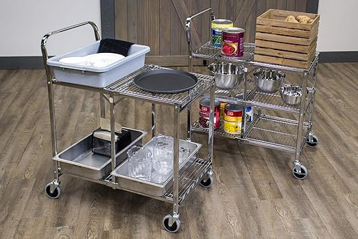 Luxor WSCC-2 Two-Shelf Collapsible Wire Utility Cart with Wheels, Push Heavy Duty,Holds 200 Pounds and Folds Up for Storage, 37"W x 18.25"D x 30.5"H