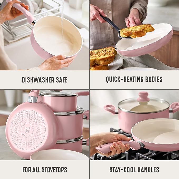 GreenLife 16-Piece Nonstick Cookware Set, Non-Toxic Ceramic Pots and Pans Set, Durable Healthy Kitchen Essentials, Fast Heating, Induction Ready, Easy Clean Dishwasher Safe, PFAS-Free, Blush Pink
