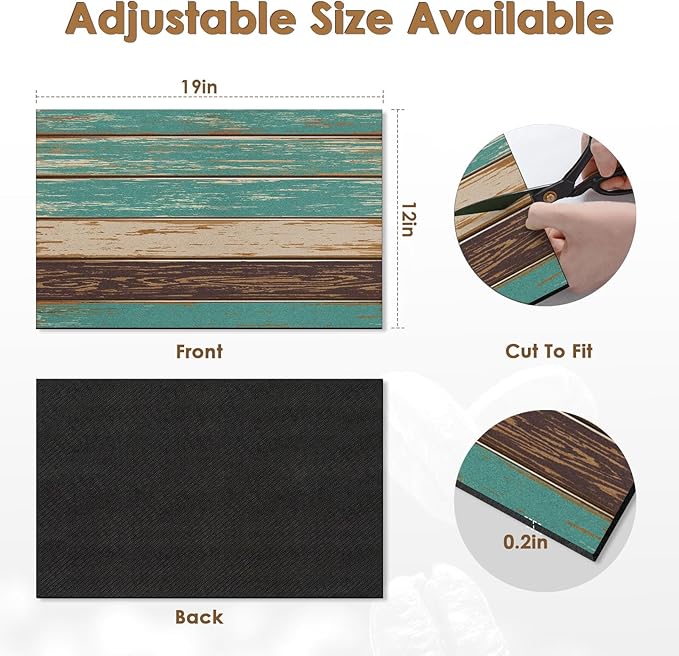 Arttown Coffee Mat for Countertops, Farmhouse Teal Brown Wood Dish Drying Mat 2 Pcs for Kitchen Bar Accessories, Fit Under Coffee Maker Espresso Machine Dish Rack Hide Stain Rubber 12x19in