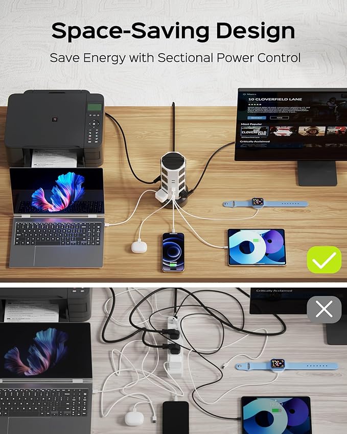 Power Strip Tower Surge Protector - JACKYLED 16 AC Outlets(13A) 6 USB Ports Electric Charging Station, 1050J Surge Electric Tower, 1625W Outlet Extender, 6.5ft Heavy Duty Extension Cord for Home