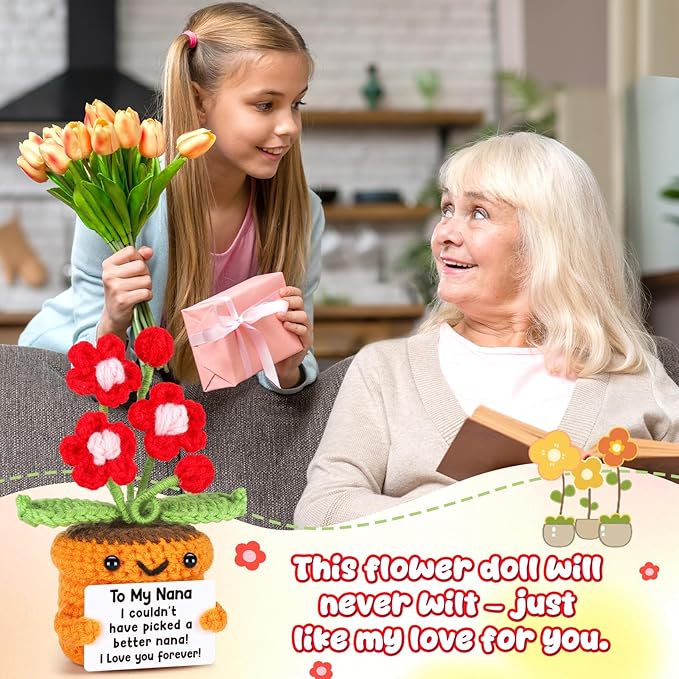 Nana Gifts Mothers Day Birthday Gift for Nanas, Birthday Mothers Day Gifts for Nana from Granddaughter Grandson Grandchildren Grandkids Handmade Crochet Flower I Love You Grandma Home Desk Decoration