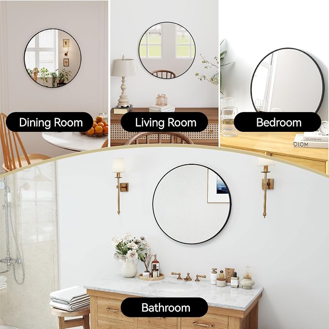 SCWF-GZ 24" Round Mirror Circle Wall Mounted Hanging or Against Wall Aluminum Alloy Metal Frame Dressing Make-up Mirrors for Entryway Bedroom Bathroom Living Room 24 inch Black
