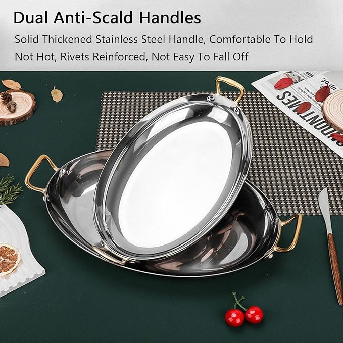 11.8 Inch Oval Spanish Paella Pan - Stainless Steel Seafood Lobster Plate Non Stick Uncoated with Dual Handle, Paella Cookware for Homes or Restaurants,Silver(Rose Gold)