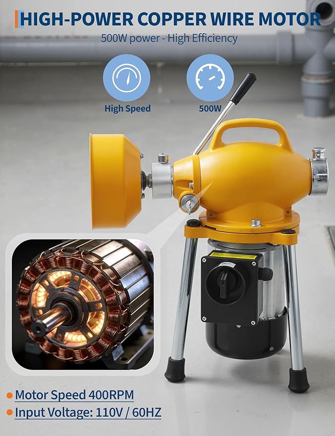 Electric Sewer Snake Drain Auger, Drain Cleaner Machine with 66FT x 5/8" & 16FT x 3/5" Steel Cables, 6 Cutters, 500w Power Auto Feed Pipe Snake for 1.6"-4" 500 w 400 RPM for Sink Toilet Drainage