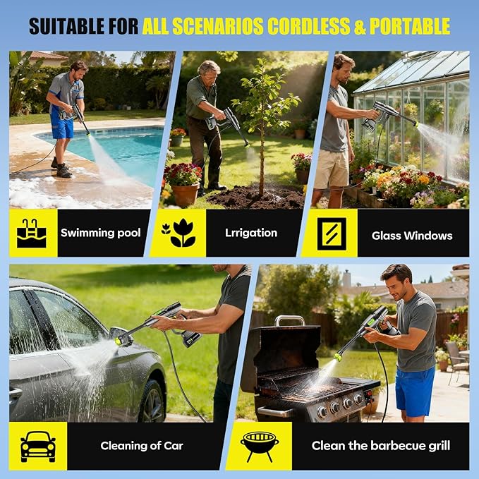 YKYI Cordless Water Spray Cleaning Tool, Battery Powered with 30 Speed Levels, Handheld Portable Sprayer with 6-in-1 Nozzle, 24FT High-Elastic Hose for Car, Garden, Patio Cleaning (Silver Gray)
