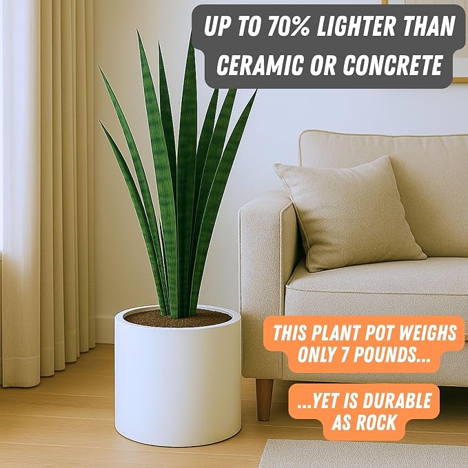Fox & Fern Large Indoor Planter, Modern Large Plant Pot for Indoor or Outdoor, UV and Frost Resistant - 12 Inch, Matte White Flower Pot with Drainage Plug, Lightweight
