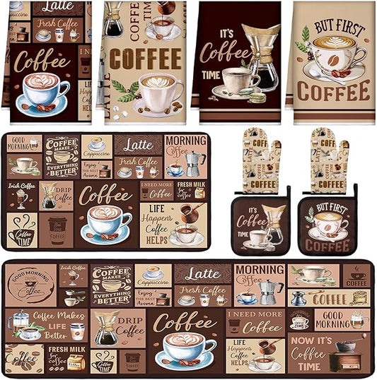 Fourluoo 10 Pcs Coffee Kitchen Decor and Accessories Coffee Oven Mitts and Pot Holders Set Dish Towels Farmhouse Kitchen Decor Vintage Brown Gloves for Chef Baking Cooking Grilling BBQ Women Gift