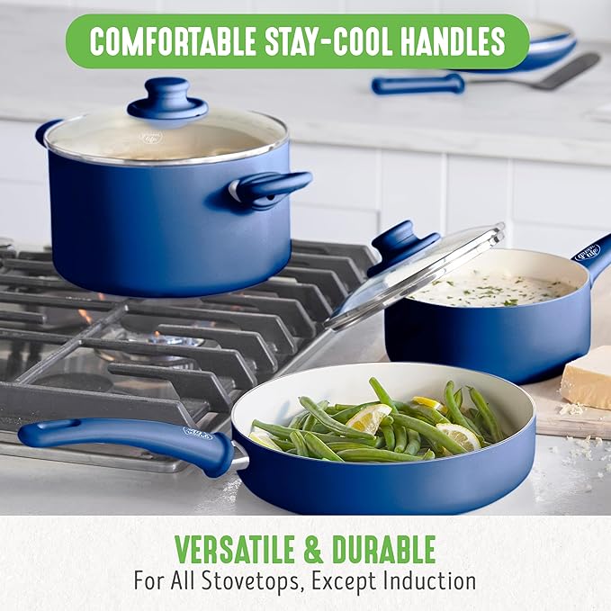 GreenLife Soft Grip 23 Piece Kitchen Cookware Pots and Frying Saucepans Set, Healthy Ceramic Nonstick PFAS and PFOA-Free, Dishwasher and Oven Safe, Even Heating, Easy Clean, Warp Control, Blue