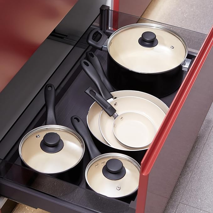 Amazon Basics 11-Piece Ceramic Non-Stick Pots and Pans Set, Dishwasher & Oven Safe, Easy Clean, Glass Lids, Black/Cream