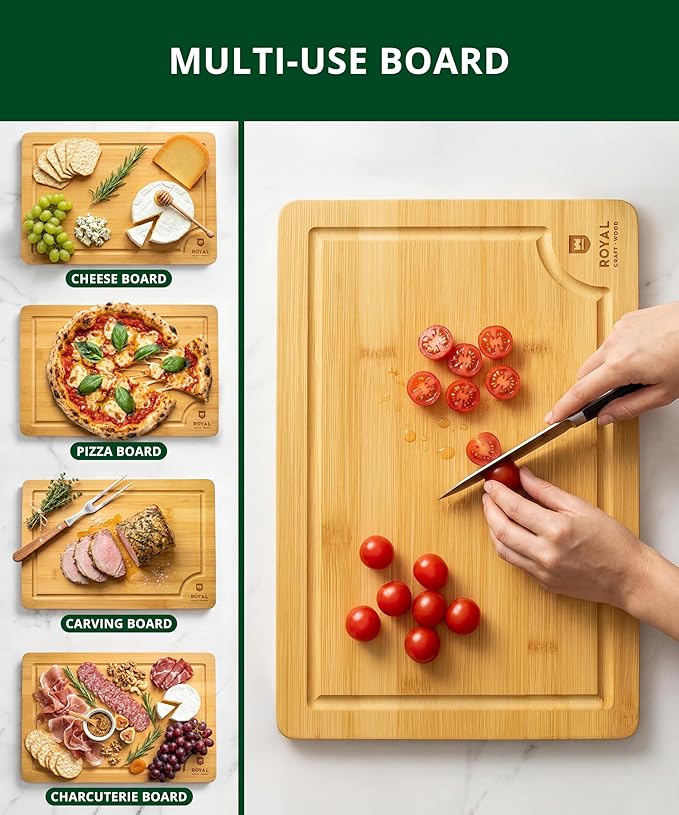 Bamboo Cutting Boards for Kitchen - Kitchen Chopping Board for Meat (Butcher Block) Cheese and Vegetables | Wooden Cutting Board Heavy Duty Serving Tray with Handles (XXL, 20 x 14")