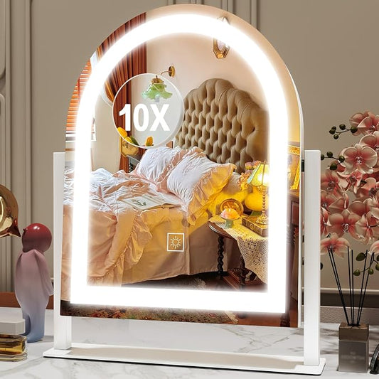 ROLOVE Lighted Makeup Mirror with 3-Color Dimmable Lighting, with Removable 10x Magnifier, Smart Touch Control, 360° Rotation, 15" x 13" Hollywood Vanity Mirror for Tabletop or Desk (White)