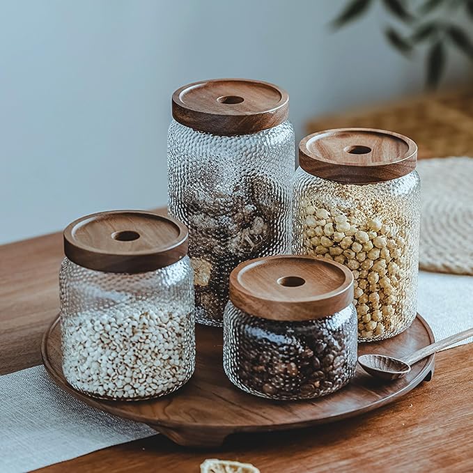 Viovian Glass Storage Jars With Wooden Lids 34 oz Anti-Slip Coffee Sugar Container Decorative Glass Canister Jar for Food Coffee Bean Candy Cookie 1000ml