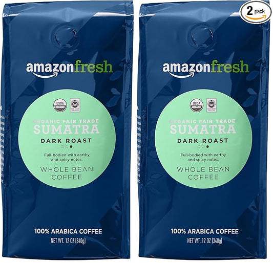 Amazon Fresh Organic Fair Trade Sumatra Whole Bean Coffee, Dark Roast, 12 Ounce (Pack of 2)