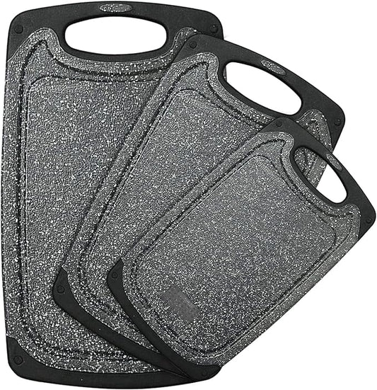 Plastic Cutting Board, 3 Pieces Dishwasher Safe Cutting Boards with Juice Grooves, Easy Grip Handle, Non-Slip, with Grinding Area for Grinding Garlic and Ginger（Dark Grey, XL）