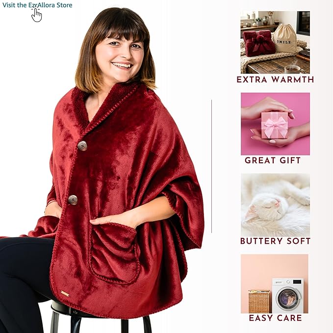 EzrAllora Premium Double Layer Wearable Blanket for Women - Easy On Easy Off No Sleeves - Drape and Go - Gifts for Elderly (Burgundy)