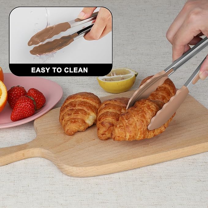 Hotec Mini Silicone Kitchen Tongs for Cooking - 7-Inch Small Serving Tongs with Silicone Tips, Set of 3 (Neutral Color)