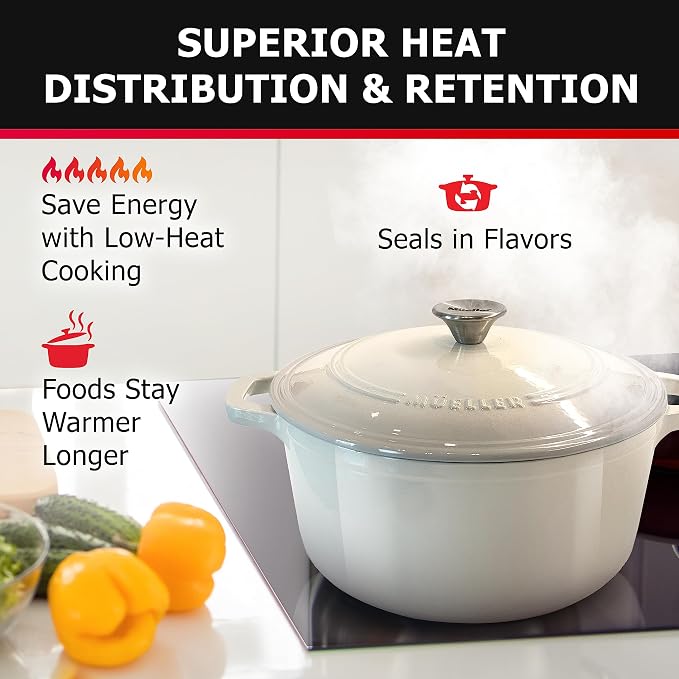 Mueller DuraCast 6QT Enameled Cast Iron Dutch Oven with Lid, Heavy-Duty | Casserole & Braiser Pan, Sourdough Bread Baking, PFOA-Free, 500°F Oven Safe, All Cooktops incl. Induction, White