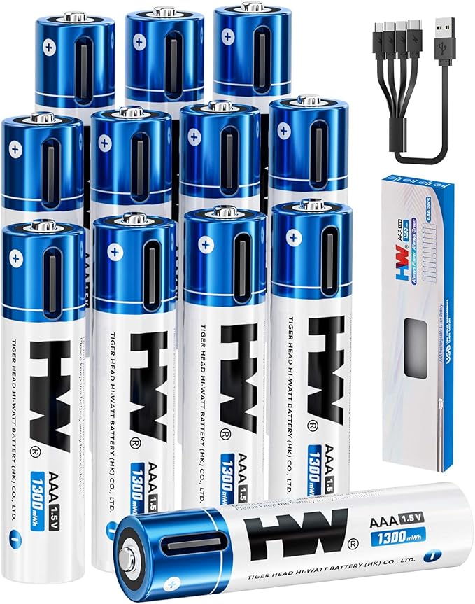 HW AAA Rechargeable Battery 12-Pack, 1.5V 1300mWh Triple A Batteries with USB-C Cable, 1000 Cycles Lithium Batteries for Remote Controls, Wireless Mouse, LED Flashlights, Electronic Toys, etc.