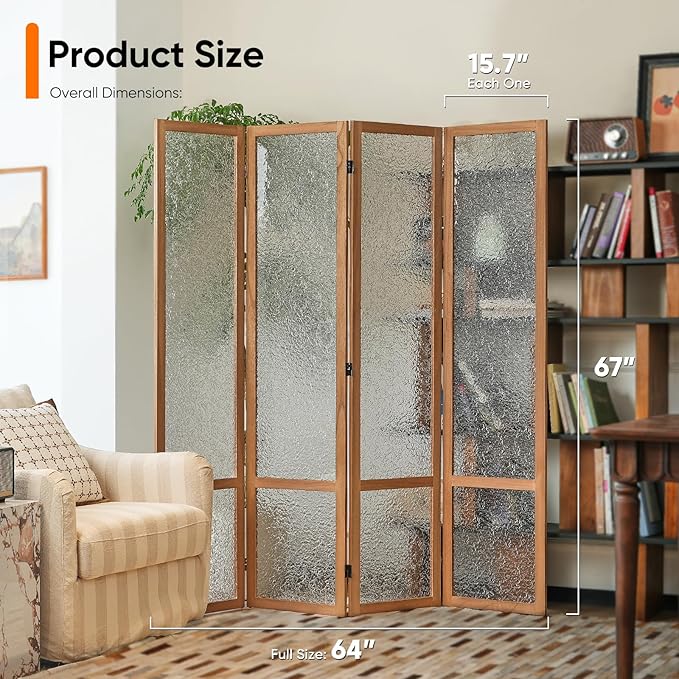 JOSTYLE Acrylic Room Divider, Frosted Glass Like Partition Privacy Screen, 4-Panel Contemporary Translucent Wall Divider for Bedroom&Office, Brown Wood Frame, 67" H x 64" W