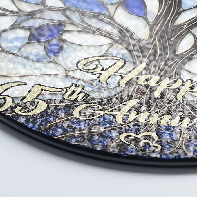 65th Wedding Anniversary Faux Stained Glass Suncatcher, 65 Years of Marrisage Keepsake Ornament, Blue Sapphire Wedding