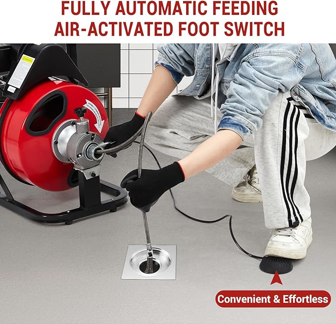 Auto Feed 100'x 3/8" 250W Drain Cleaner Machine, Portable Sewer Snake Auger with 8 Cutters & Air-Activated Foot Switch, Fits 1" to 4" Pipes