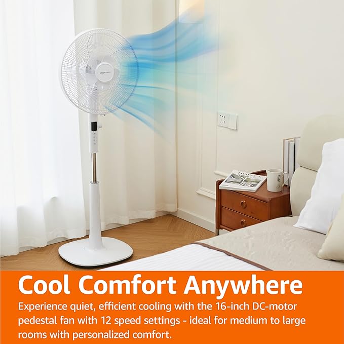 Amazon Basics 16-inch Quiet DC Motor Standing Floor Fan for Bedroom, 12 Speed with Remote, 3 Breeze Modes, Adjustable Height, Dual-Layered Blades, Timer, Energy Efficient (28W), White