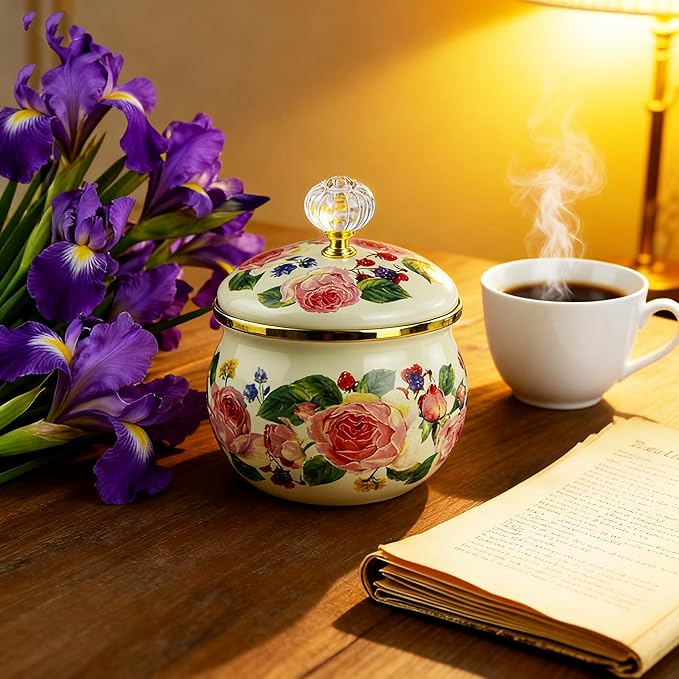 Floral Enamel Sugar Bowl Gold Ethnic Seasoning Jar Vintage Tea Canister Spice Box Retro Coffee Candy Storage Pot Bohemian Pink Flower Beige Salt Container Jar for Home Kitchen Decor