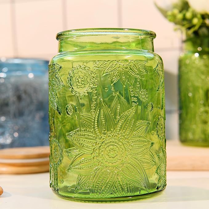 Custde Glass Storage Jars With Airtight Lid, 23.7oz Canister For Kitchen Counter with Bamboo Lid, brown sugar, candy, coffee, cookie, salt, tea,pantry cute Jar (Green, 23.7 fl oz)
