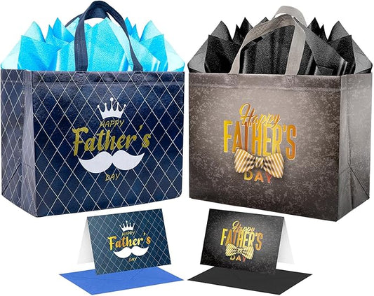 Jaywayang 2PCS 12.6" Happy Father's Day Gift Bag with Tissue Papers and Card, Large Reusable Non-Woven Fathers Day Bags with Handle for Men, Husband, Dad, Grandfather (Black, Blue)