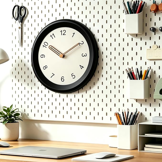 Mosewa 10 Inch Black Wall Clock Silent Non-Ticking Quartz Battery Operated Analog Clock with Wood Hands, Easy to Read Minimalist Round Clock for Kitchen Living Room Bedroom Office