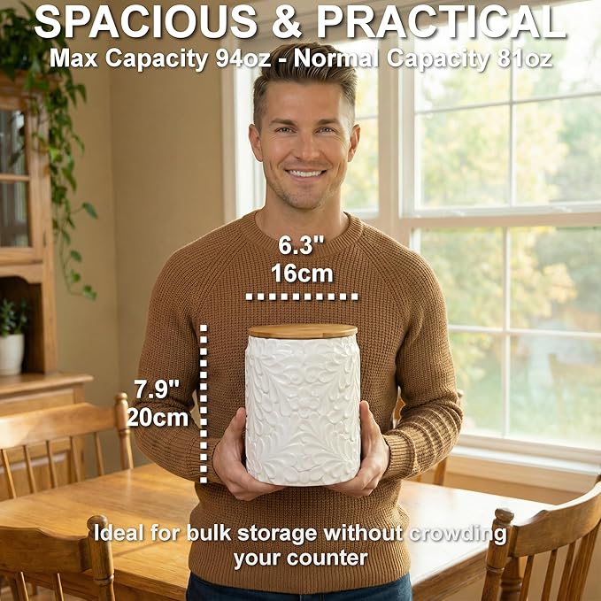 XXL 94 Oz Engraved Ceramic Kitchen Canister - Storage Jars with Airtight Lids Made from Bamboo with Nature-Inspired Engraving - Use as a Pasta Holder, Coffee Ground Holder, Rice Container, Candy Jar