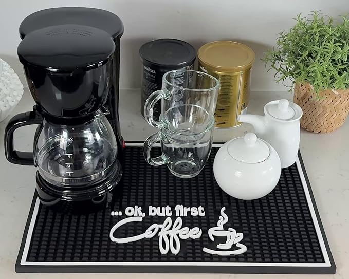 Ok But First Coffee Sign Rubber Bar Mat for Countertop, 18x12 Coffee Bar Mat, Coffee Bar Sign Counter Mat, Barista Station Mat, Cocktail Rubber Mat