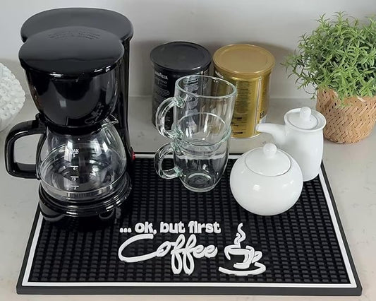 Ok But First Coffee Sign Rubber Bar Mat for Countertop, 18x12 Coffee Bar Mat, Coffee Bar Sign Counter Mat, Barista Station Mat, Cocktail Rubber Mat