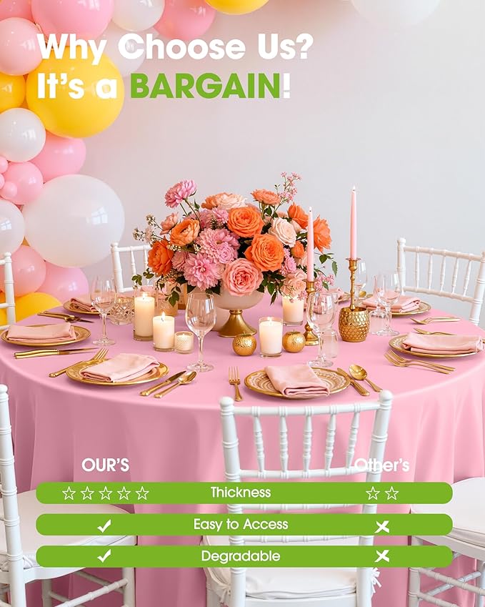 Pureegg Plastic Table Cloth Disposable 20 Pack, 84'' Round Table Cloths, Easter Party, Valentines, Mothers Day Decorations, Tablecloths, Round, Pastel Plastic Cover, Leakproof & Sturdy, Pink