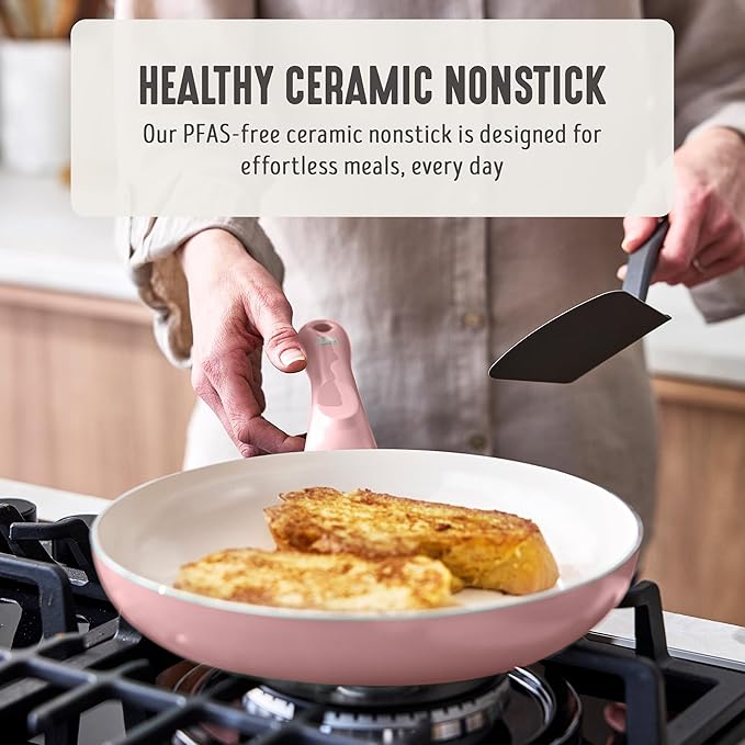 GreenLife 16-Piece Nonstick Cookware Set, Non-Toxic Ceramic Pots and Pans Set, Durable Healthy Kitchen Essentials, Fast Heating, Induction Ready, Easy Clean Dishwasher Safe, PFAS-Free, Blush Pink