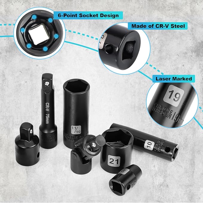 Impact Socket Set, 3/8 inch 50 Piece SAE and Metric Set, Standard SAE (5/16 to 3/4 inch) and Metric (8-22mm) 6 Point, Extension Bars, Impact Universal Joint, Adapter, Cr-V Steel