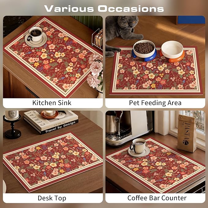 Vintage Floral Coffee Maker Mat, Non-slip Quick Dry Pad for Kitchen Countertop Pet Feeding Area (Vintage Parterre,Red)