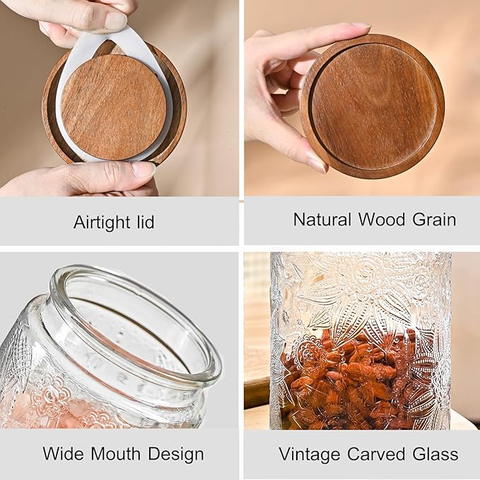 Adodeen 32oz Vintage Glass Jar With Lid, Glass Storage Containers, Airtight Kitchen Storage Containers For Sugar, Coffee, Tea, Spice, Flour, Candy Cookie, Pasta, Cereal, Cute Decorative Jars