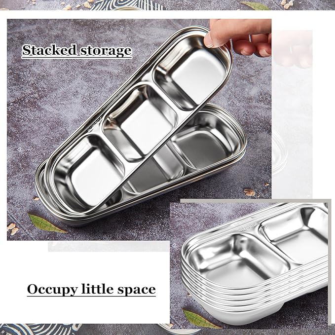 Maxcheck 6 Pcs Soy Sauce Dish Stainless Steel Divided Dip Bowls Korean 3 Compartment Sauce Plate Seasoning Dipping Condiment Tray for BBQ Vinegar Spice Salt Sugar Flavor Home Restaurant (Silver)